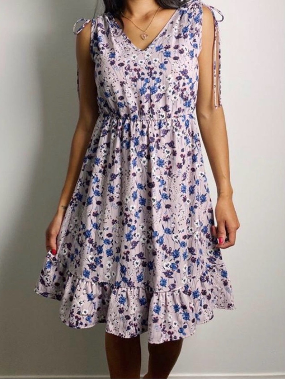 Ces Femme Light Purple Floral Tie-Shoulder V-Neck Dress